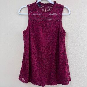 AGB Burgundy Lace Overlay Sleeveless Top Blouse Women’s Small